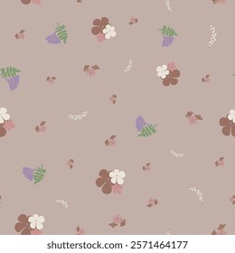 Vector Flowers in Earthy Tones Seamless Pattern. Mocha Mousse flowers repeat pattern