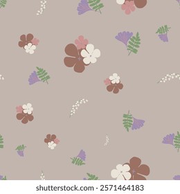 Vector Flowers in Earthy Tones Seamless Pattern. Mocha Mousse flowers repeat pattern