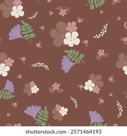 Vector Flowers in Earthy Tones Seamless Pattern. Mocha Mousse flowers repeat pattern