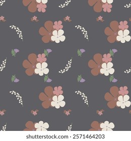 Vector Flowers in Earthy Tones Seamless Pattern. Mocha Mousse flowers repeat pattern