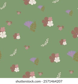 Vector Flowers in Earthy Tones Seamless Pattern. Mocha Mousse flowers repeat pattern