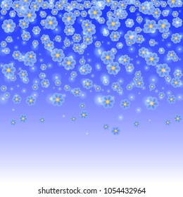 Vector. Flowers fall, romantic seamless pattern in blue and white, shiny shower flower background, sparkle, realistic 3D illustration