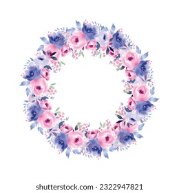 Vector flowers frame. Beautiful wreath. Elegant floral collection with isolated blue,pink leaves and flowers, hand drawn watercolor. Design for invitation, wedding or greeting cards