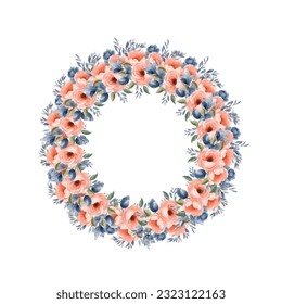 El marco de las flores vectoriales. Hermosa corona. Elegante colección floral con azul aislado, hojas de melocotón y flores, acuarela dibujada a mano. Diseño para tarjetas de invitación, boda o saludo