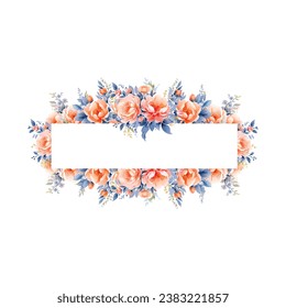 Vector flowers frame. Beautiful wreath. Elegant floral collection with isolated blue,peach leaves and flowers, hand drawn watercolor. Design for invitation, wedding or greeting cards