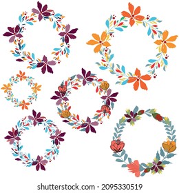 Marco de flores vectoriales, marco redondo de flores y hojas, diseño sencillo y plano estilo moderno, decoración natural de las plantas,