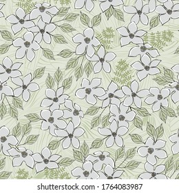 Flores vectoriales en negro gris con hojas verdes dispersas en fondo amarillo patrón de repetición sin problemas. Antecedentes para textiles, tarjetas, manufactura, papel pintado, envoltura de regalo y reserva de chatarra.