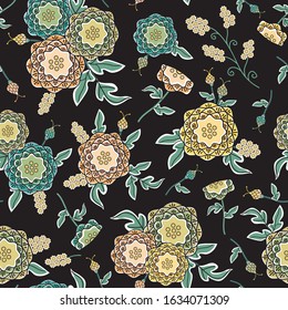Vector Flowers in Green Orange Yellow Blue with Green Leaves on Black Background Seamless Repeat Pattern. Background for textiles, cards, manufacturing, wallpapers, print, gift wrap and scrapbooking.