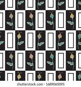 Vector Flowers in Green Orange Yellow Blue with Green Leaves on White Black Rectangles Background Seamless Repeat Pattern. Background for textiles, cards, manufacturing, wallpapers, print, gift wrap