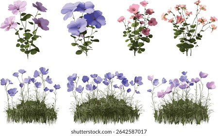 Vector flowers growing naturally, blooming illustrations set, transparent backgrounds format, spring blooms, nature artwork, floral designs, fresh flower vector illustrations
