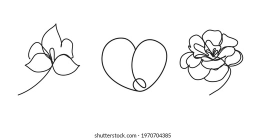 vector flowers and heart single line art