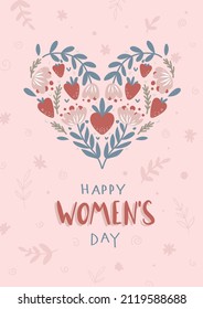 Vector flowers and hearts decorated greeting card for Happy International Women's Day celebration. Flat hand drawn poster on soft pink background.