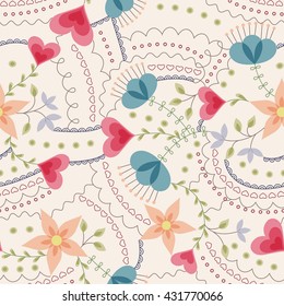 Vector flowers and hearts pattern vintage