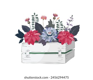 Vector flowers and herbs in a garden wooden white box. Zinnias, dahlias and cornflowers on a white background.