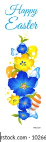 Vector flowers. Vector illustration.  Happy Easter. Spring Wreath, frame, card with blue and yellow flowers on white background.