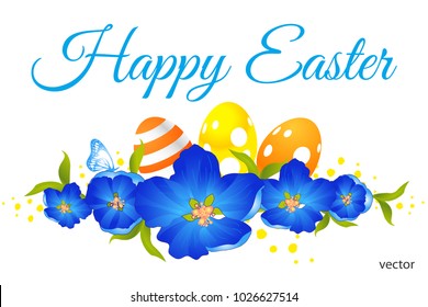 Vector flowers. Vector illustration.  Happy Easter. Spring Wreath, frame, card with blue and yellow flowers on white background.