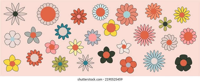 Vector flowers illustration in simple linear style - design templates - groovy hippie style.