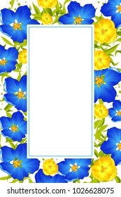 Vector flowers. Vector illustration.  Spring Summer Wreath, frame, card with blue and yellow flowers on white background, with space for text. 