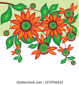 Vector flowers. Illustration with stylized orange asters, green leaves, floral branches. Traditional Ukrainian folk style painting (Petrykivka art). Botanical theme. Decorative design element