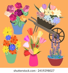 Vector - flowers illustration with in  a wheelbarrow and vases template.