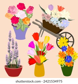 Vector - flowers illustration with in  a wheelbarrow and vases template.