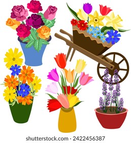 Vector - flowers illustration with in  a wheelbarrow and vases template.