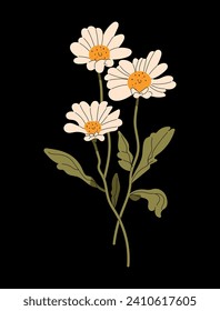 Vector flowers illustration, white flowers, modern art, art deco, flowers, colors.