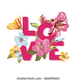 A Vector of Flowers and inscription Love on isolated background. Vector Colorful blooming branches. Bouquets Flower composition for your design Valentines Day, Wedding invitations and etc