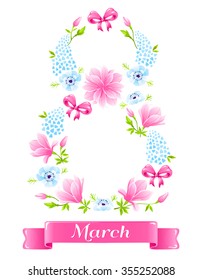 Vector Flowers for International Women's Day, March 8. Decorated with magnolia, bows and anemones. Each object on its layer. Enjoy more beautiful flowers in my portfolio!