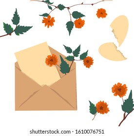 Vector Flowers and leafs with craft paper envelope as decoration objects for Valentine's day. 