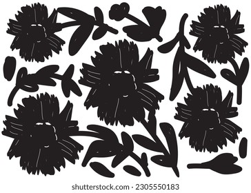 Vector flowers and leafs hand drawn pattern.ink brush texture. minimal style, botanical illustration design. 