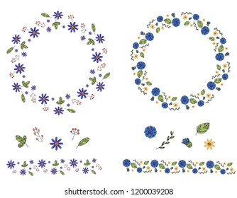 Vector flowers, leaves and branches. Beautiful wreath and border. Collection of blue flowers, leaves, berries and branches isolated on white. Design of cards, invitation, print for textiles