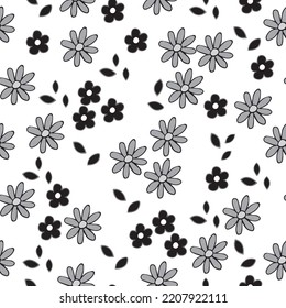 Vector flowers and leaves in cartoon style black and white seamless pattern