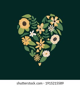Flores vectoriales, hojas y plantas en forma de corazón. Declaración de amor o confesión de amor.  Ramo de flores, arreglos florales de Doodle, poza floreciente. Ilustración botánica plana 