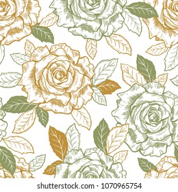 Vector Flowers and Leaves Seamless Pattern. Hand drawn Rose Flower Sketch. Beautiful Bouquet of Summer garden flowers. Floral Background