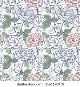 
Vector Flowers and Leaves Seamless Pattern. Hand drawn Branches of Rose Flower outline Sketch. Beautiful Bouquet of Summer garden Roses flowers. Vintage Floral Background. Plants Wallpaper
