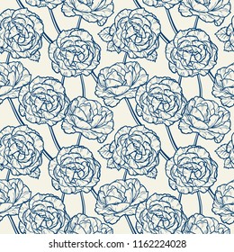 Vector Flowers and Leaves Seamless Pattern. Hand drawn Branches of Rose Flower outline Sketch. Beautiful Bouquet of Summer garden Roses flowers. Floral Background. Plants Wallpaper