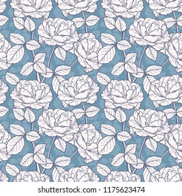 Vector Flowers and Leaves Seamless Pattern. Hand drawn Branches of Rose Flower outline Sketch. Beautiful Bouquet of Summer garden Roses flowers. Vintage Floral Background. Plants Wallpaper