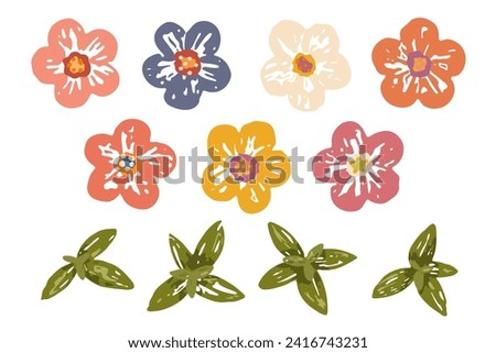 Vector flowers and leaves set. Colorful playful bold flowers with painted brush texture isolated on white background. Cute modern romantic floral elements for cards, textile, stationery design