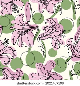 Vector flowers lineart and colored spotes. Lilies seamless pattern Isolated flower elements