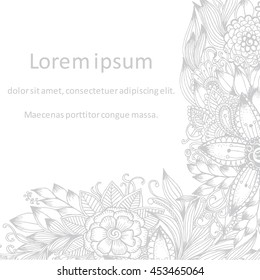 Vector flowers in monochrome color . Hand drawn floral pattern in black and white with a place for a text.  Can use for card design and coloring page