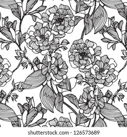 Vector flowers monochrome seamless pattern