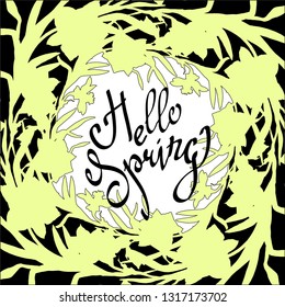 Vector flowers monochrome wreath. Elegant floral collection with black and white silhouettes leaves and flowers and hand drawn calligraphy phrase. Brash pen lettering. Frame with flowers for design. 