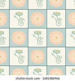 Flores vectoriales en azul naranja con hojas verdes en verde beige verde cambia el patrón de repetición sin problemas. Antecedentes para textiles, tarjetas, manufactura, papel pintado, papel, envoltura de regalo y reserva de chatarra.