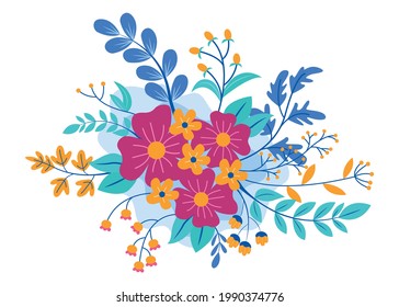 Vector Flowers With Oriental Motif. Floral Design With Of A Woody Vine With Exotic Flowers, Tropic Leaves, 
 Tree Of Life Colorful Flowers On A White Background. Folk Style.