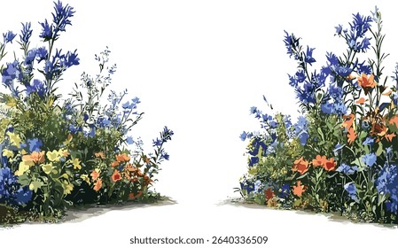vector flowers, ornamental bushes, nature corridor cutout, botanical design, floral decoration, garden plants, nature landscape, flowers pattern, nature illustration