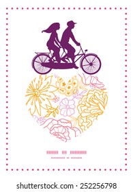 Vector flowers outlined couple on tandem bicycle heart silhouette frame pattern greeting card template