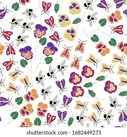 Flores vectoriales y bichos en morado rosado amarillo con hojas verdes diseminadas en fondo blanco y sin problemas. Antecedentes de los textiles, las tarjetas, la fabricación, los papeles pintados, la impresión