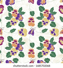 Vector Flowers Pansies and Bugs in Pink Orange Yellow Purple with Green Leaves Scattered on White Background Seamless Repeat Pattern. Background for textiles, cards, manufacturing, wallpapers, print