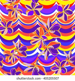 Vector flowers pattern neon color on a colorful wave abstract background. Neon color tropical flowers plumeria.